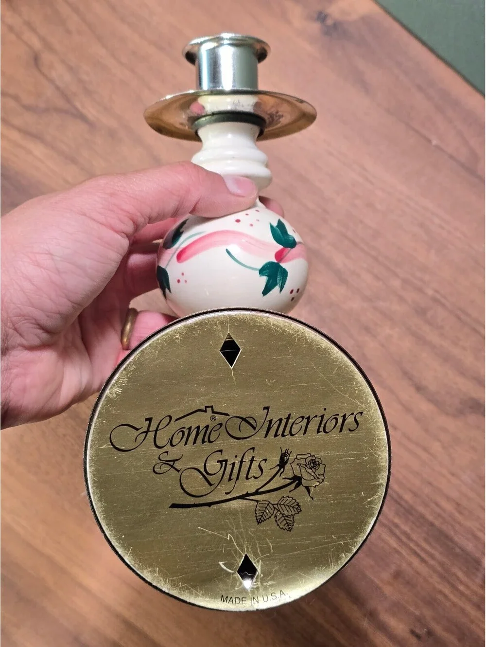Vintage Homco Ivy and Ribbon Candlestick Brass Ceramic Convertible Sconce